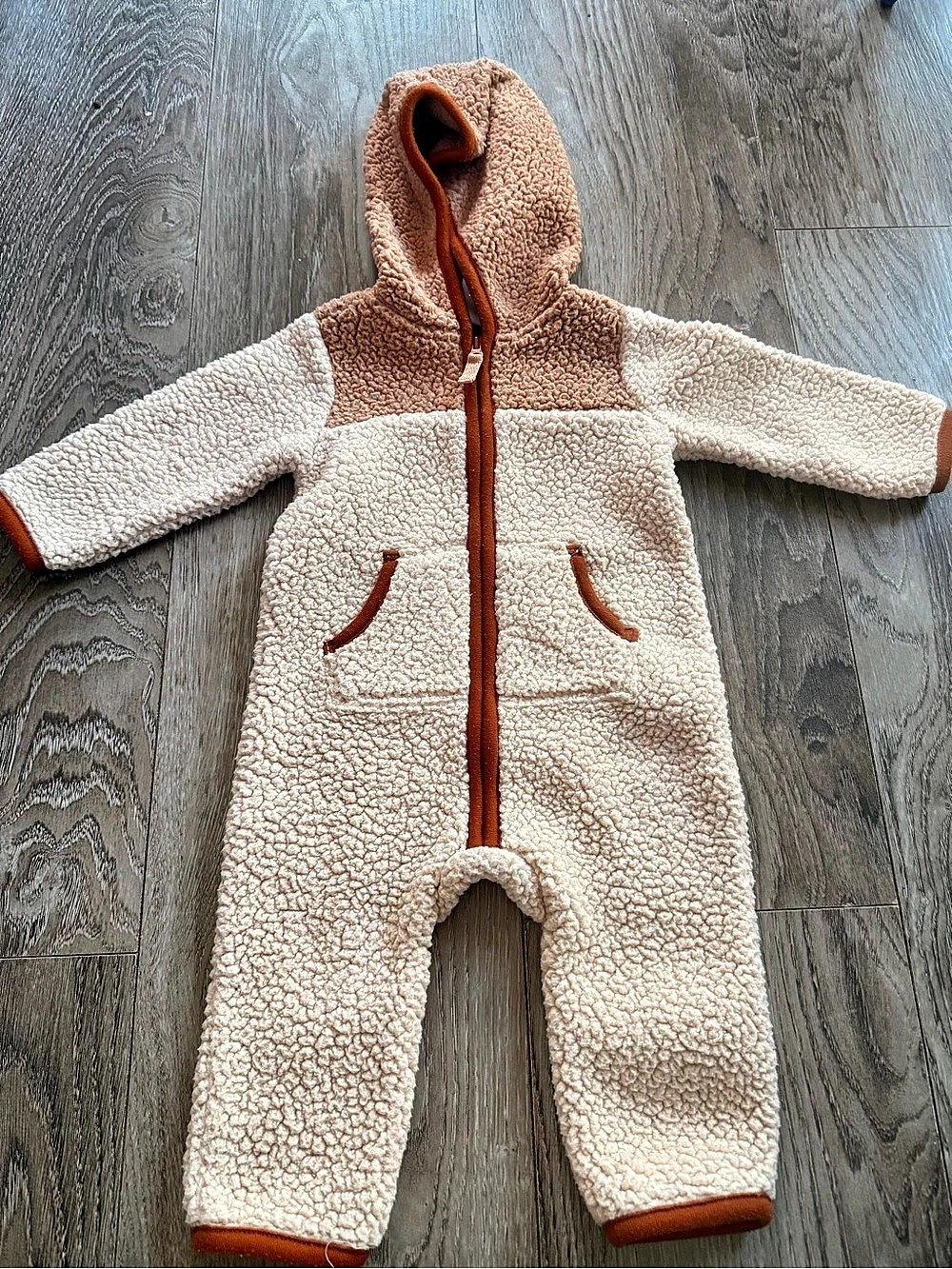 Carter's Baby Hooded Sherpa Jumpsuit Cream & Brown 6M